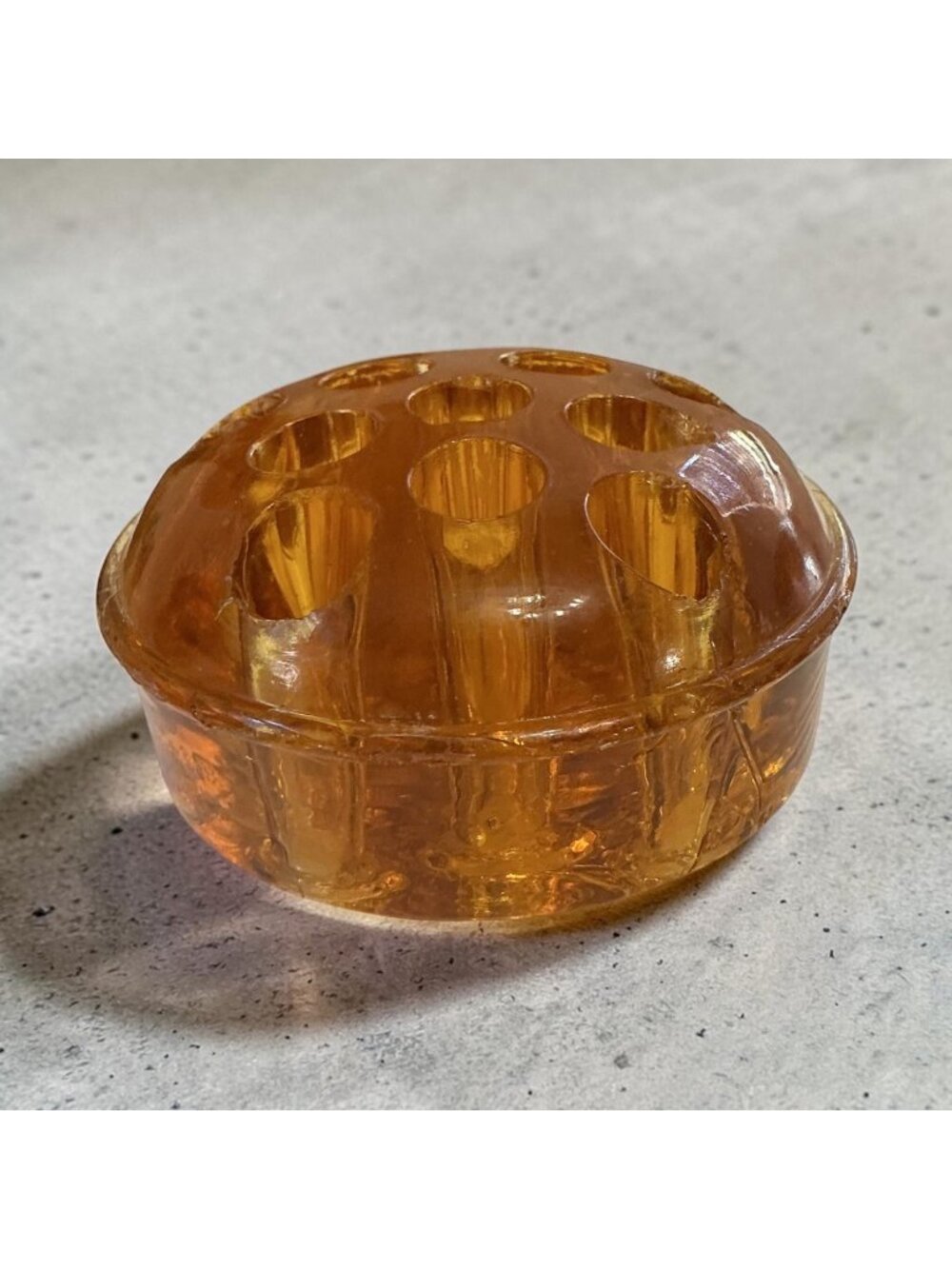 Vintage Amber Glass Flower Frog 11-Hole Round Design Bouquet Display